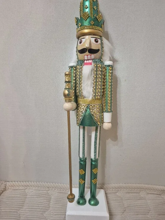 Green and Gold Bejeweled Nutcracker Figurine