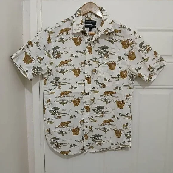 Banana republic mens small safari jungle lion shirt off white brown shortsleeve