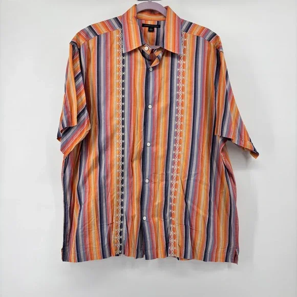 VTG Banana Republic Mens L Embroidered Striped Short Sleeve Button‎ Down Shirt
