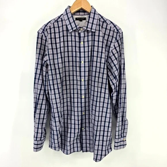 Banana Republic Button Down Mens L Navy Purple Plaid Non-Iron Slim Fit Shirt