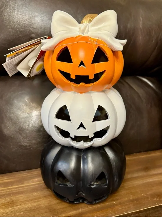 Stacked Pumpkin Jack-O'-Lanterns with bow- Orange White Black lights up