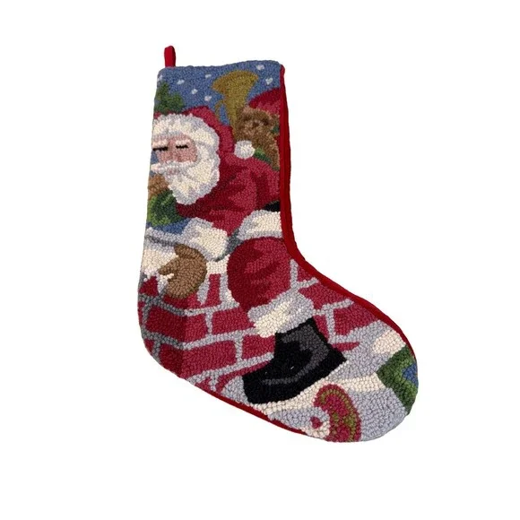 Vtg Wool Velvet Needlepoint Christmas Stocking Santa Chimney 11 X 18” Whimsical