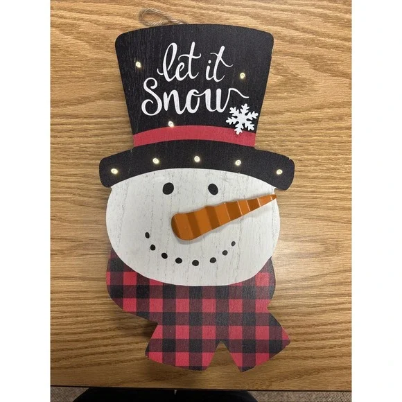 LET IT SNOW Snowman Rustic Hanging Wall Sign Christmas Light-Up 14