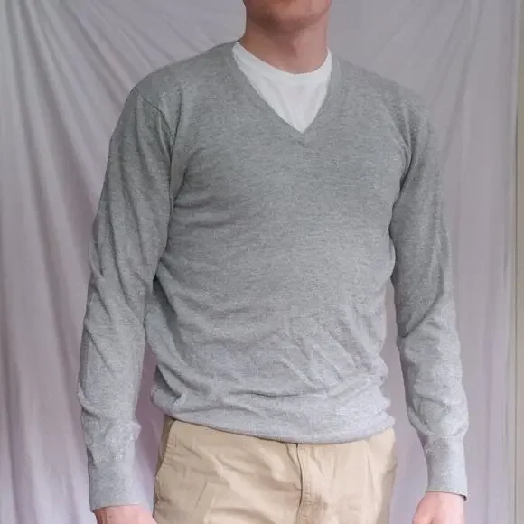 Banana Republic Men's M Gray V-Neck Eco Sweater Lightweight Preppy Knit