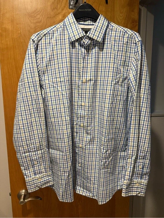 Banana Republic Men's Blue and White Checked Dress Shirt