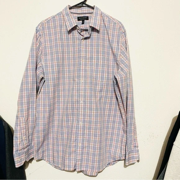 Banana Republic Non-Iron Tailored Slim Plaid Button Down Shirt XL Blue/Orange