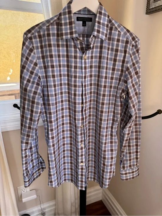 Banana Republic Men Modern Fit Brown Blue Plaid Dress Shirt Small Non Iron
