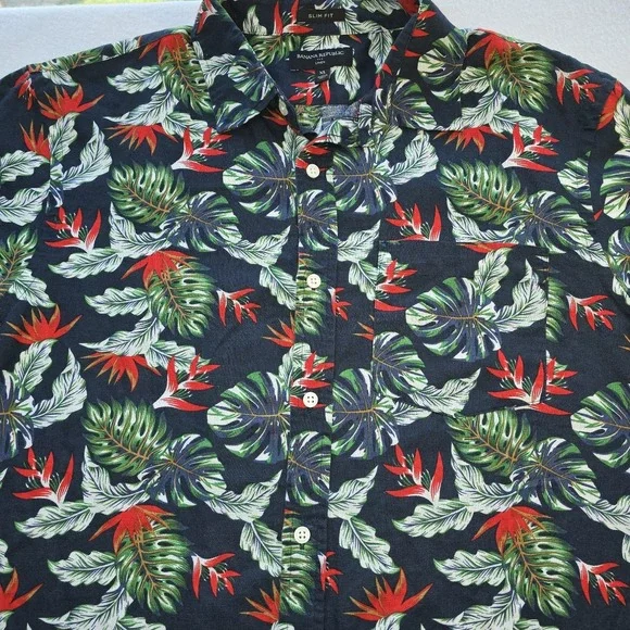 Banana Republic Shirt Mens XL Slim Linen Hawaiian Tropical Bird Of Paradise SS