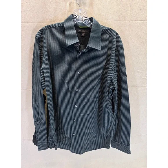 Banana Republic Slim Fit Mens Large Black Teal Pinstripe Button Down Shirt 2538