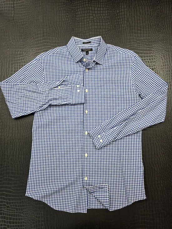 Banana Republic Grant Fit 120s Supima Cotton Dress Shirt Blue White Gingham Chec