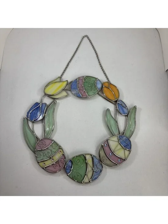 Stained Glass Easter Egg Tulip Wreath Hanging Suncatcher