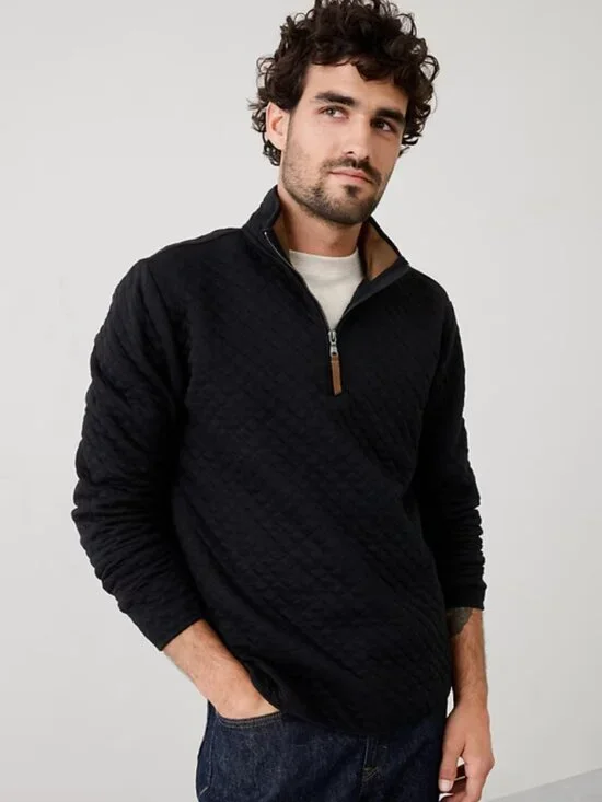 Men's Banana Republic Sweater Quilted Pullover Quarter Zip Black Brown Medium