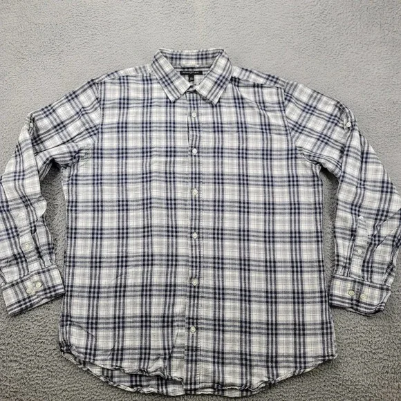 Banana‎ Republic Shirt Mens XL White Blue Plaid Linen Button Up Long Sleeve