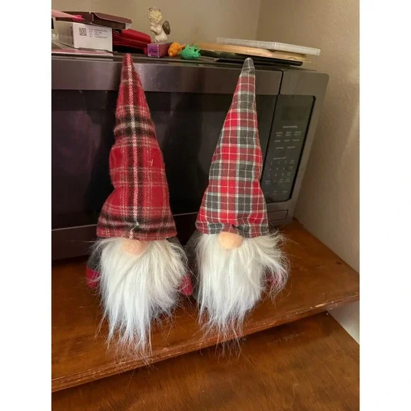 Christmas Gnomes Set of 2 Red Grey Plaid Holiday Decor Plush Figurines Nordic