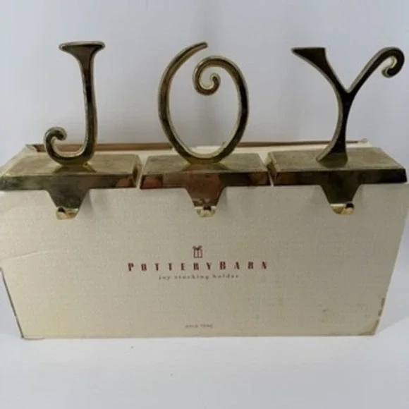 Pottery Barn JOY Stocking Holder Set Gold Tone Metal Weighted Mantel Decor 3pc
