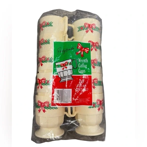 Vintage Party Accents Christmas Wreath Coffee Cups Set of 10-8 oz.NIP