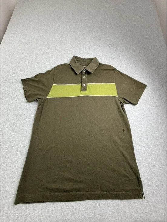 Banana Republic Mens Polo Shirt M Olive Green Lime Stripe Cotton Short Sleeve