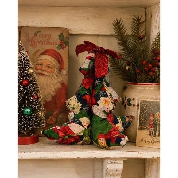 Vintage Handmade Fabric Christmas Tree Angel Poinsettia Print 8in Plush Decor