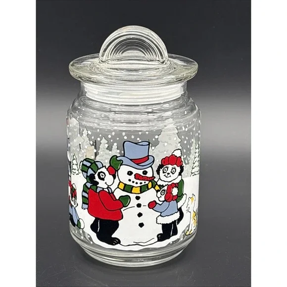 Vintage 1993 ADGI Christmas Glass Candy Jar w/Lid Panda Bears Building Snowman