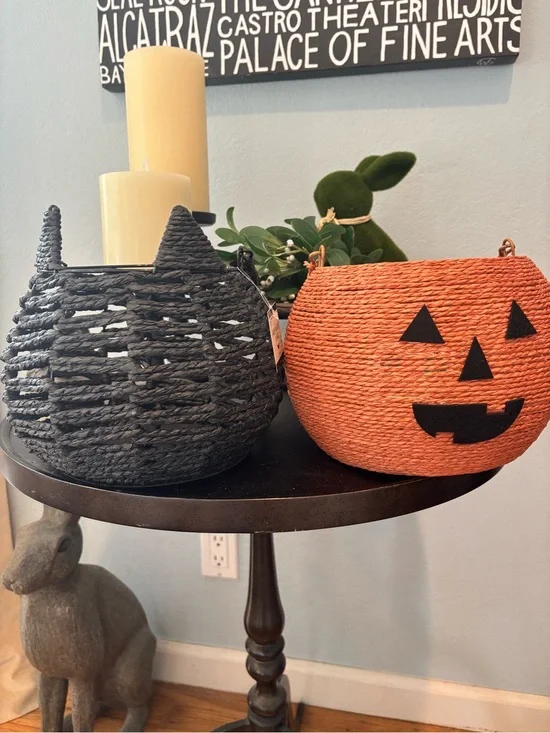 Pair Halloween Top Handle Woven Baskets Pumpkin Jack-o’-Lantern Black Cat New