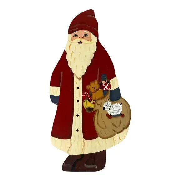 Vintage Hand Painted Wood Santa Claus Figure Folk Art Shabby Chic 1988