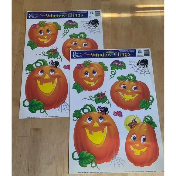 Vintage 2001 Classic Clings Halloween Window Decals Pumpkin Spider 2 Sheets NEW