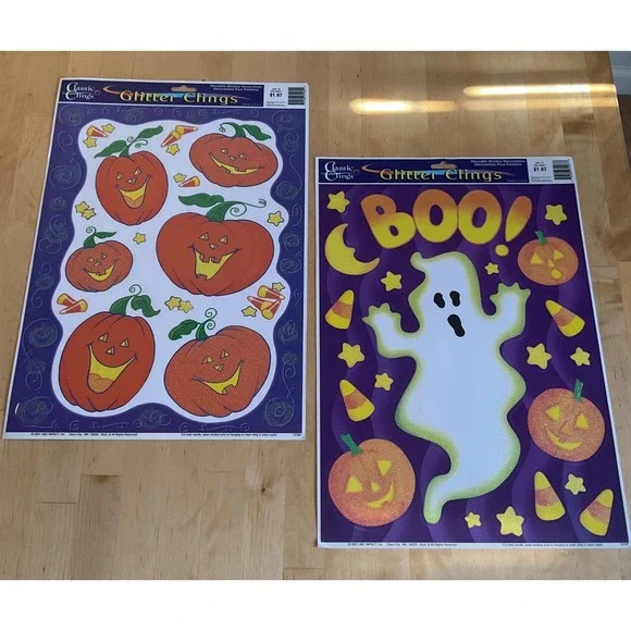 Vintage 2001 Classic Clings Halloween Glitter Window Decals Ghost Pumpkin 2 Pack