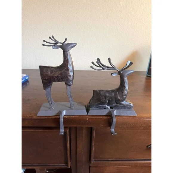 Pier 1 Imports Reindeer Walking Stocking Hanger Wood Wrought Iron Christmas EUC