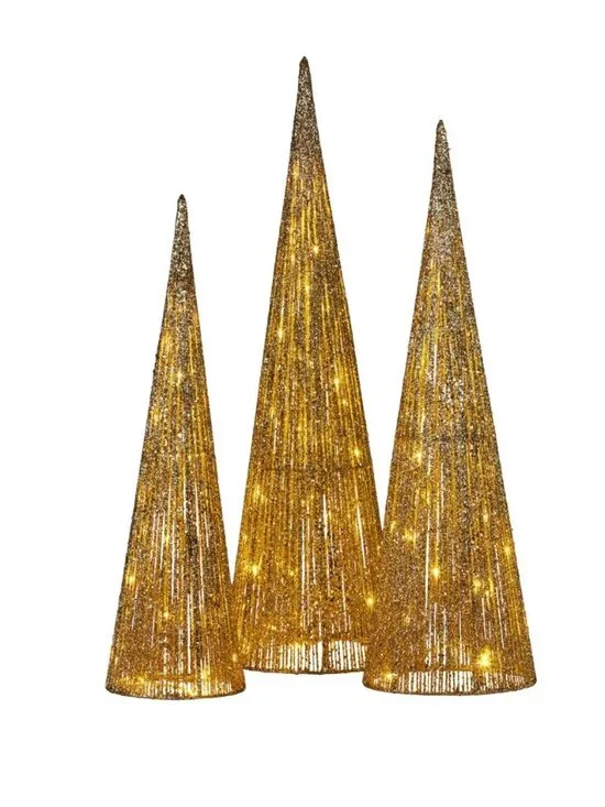 🎄 Holiday Living Gold LED Cone Christmas Trees Set 3 Light Color Change Indoor
