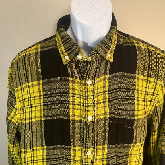 🍂 Banana Republic Yellow Black Plaid Untucked Slim Flannel Shirt M 👕