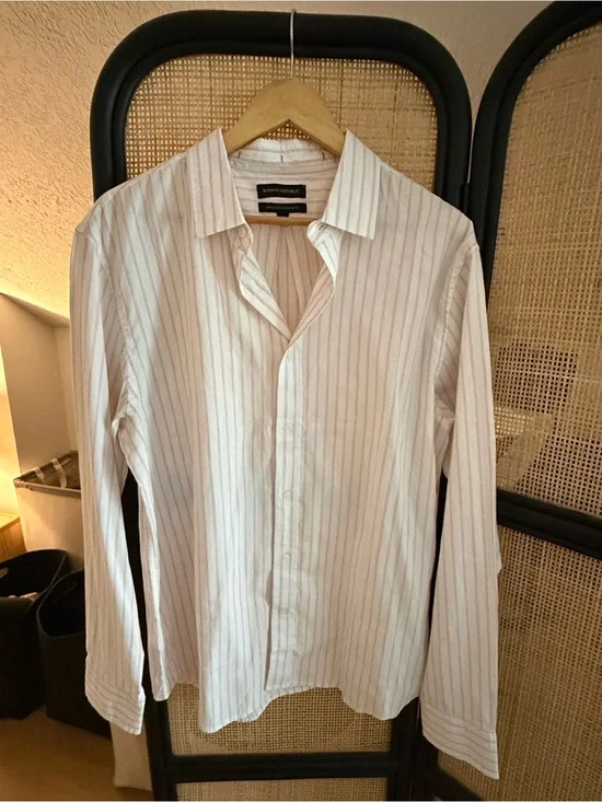 Banana Republic White Shirt with Beige Pinstripes