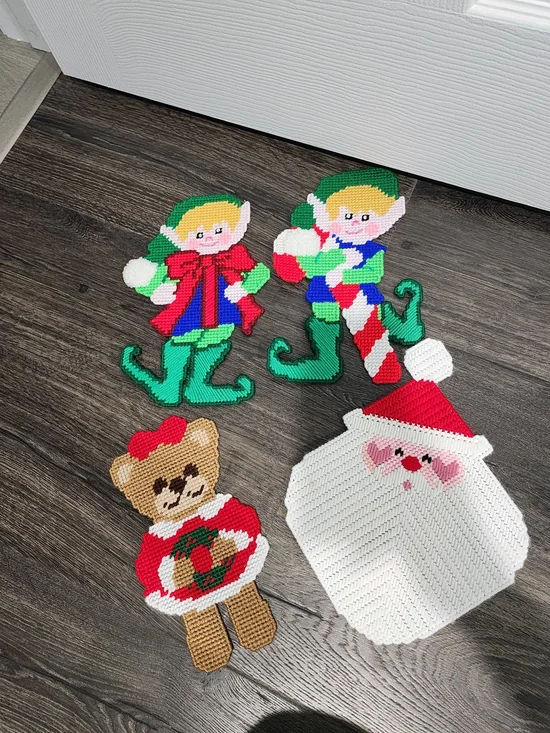 Handmade Christmas Elf, Bear & Santa Plastic Canvas Art