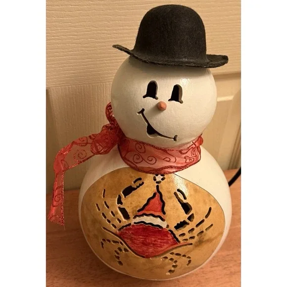 Vtg‎ Light Up Snowman Gourd W/ Crab Wearing Santa Hat Cut Out Hand Painted 12
