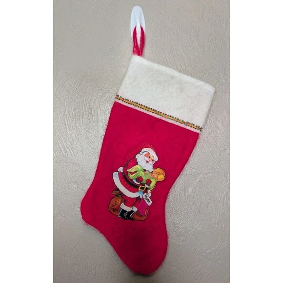 Vintage Rennoc 1982 Red White Santa Sleeping Child Felt Stocking