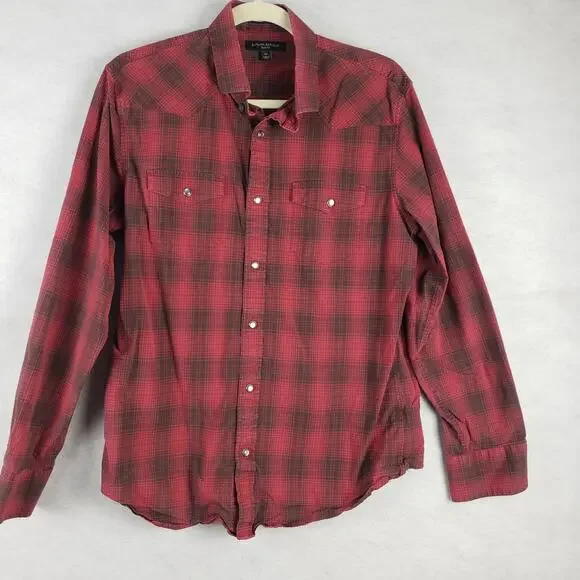 Banana Republic Men's M Slim Fit Button Down Plaid Dress Shirt‎ Dark Red Classic