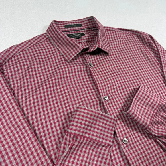 Banana Republic Slim Fit Wrinkle Resistant Gingham Shirt‎ Mens L Tall Red Grey
