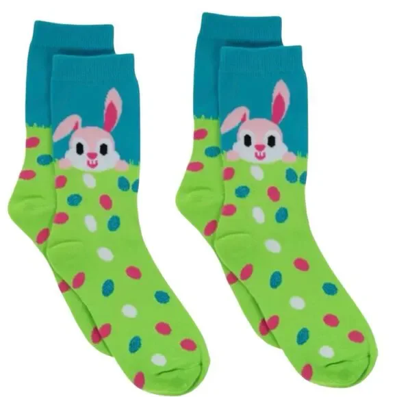 2x Novelty Humorous Spring Bunny and Easter Eggs Crew Socks