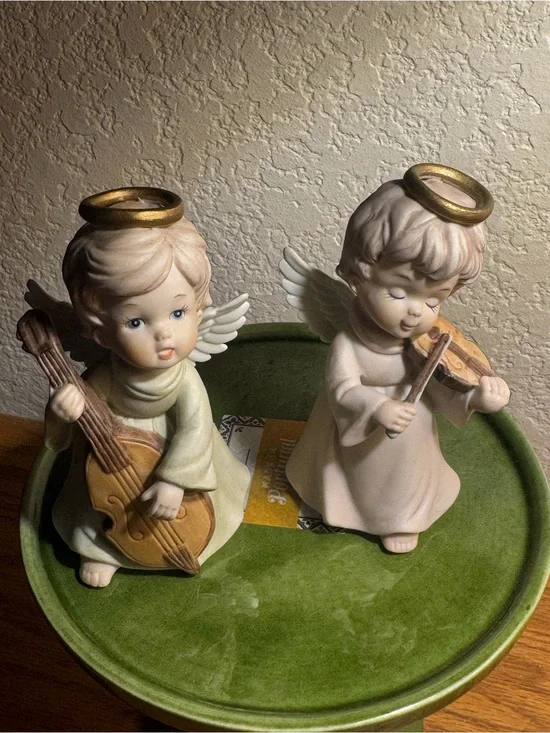 Lefton Pair of Ceramic Angel Figurines with Gold Halos - Cream and Green Accent