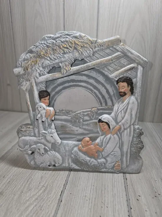 Vtg 1988 Ceramic One Piece Nativity Blue Creche 3D Religious Christmas Handpaint