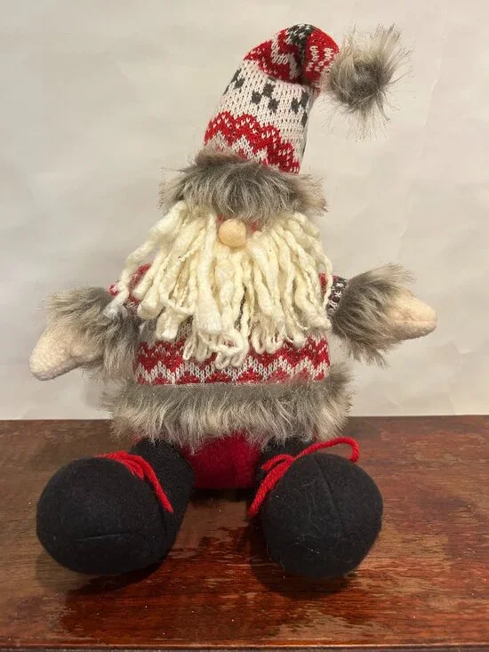 Christmas Holiday Gnome with knit cap and sweater, faux fur trim and yarn beard