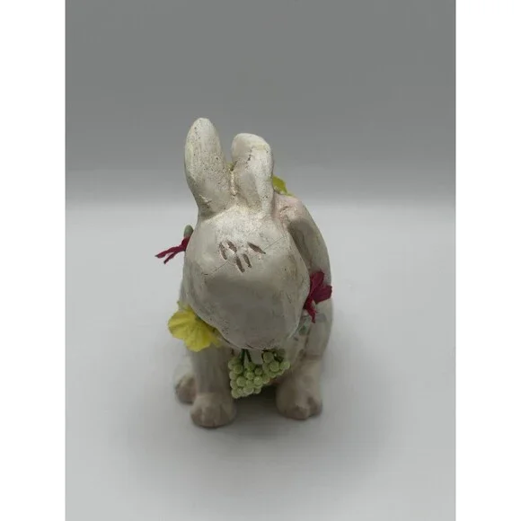 Vintage Bisque Rabbit Figurine w/ Fabric Flowers Sleeping Bunny Easter Decor
