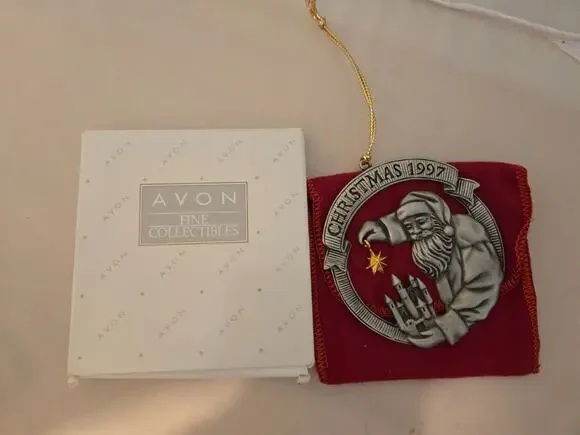 Beautiful Pewter Santa Christmas Ornament Metal 1997 Avon With Box And Bag
