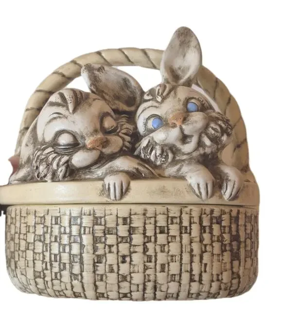 Vintage 1950s Bunnies in Basket Ceramic Trinket Box Cream Brown 7x7x5.5