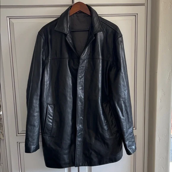 Vintage Banana Republic Leather Jacket Black Lined Button Pockets Mens‎ Large