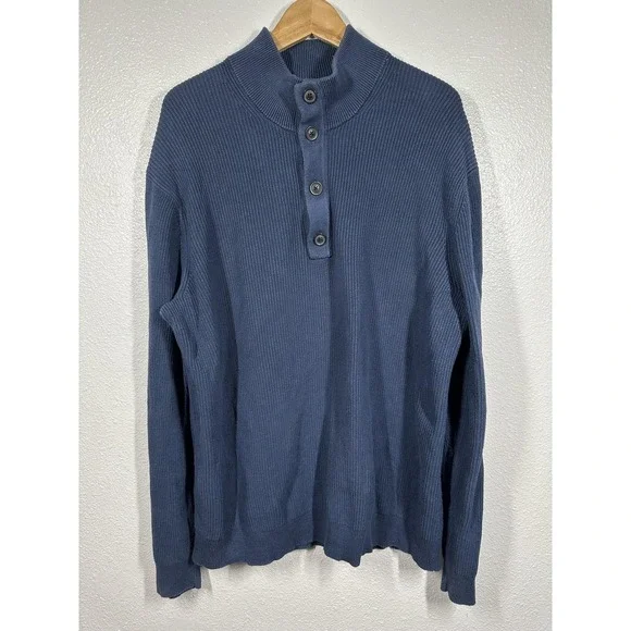 Banana Republic Sweater Mens‎ Extra Large Blue Mock Neck Button Henley Ribbed