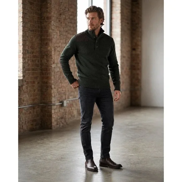 Banana Republic Heritage Merino Wool Sweater M Green Quarter Button Elbow Patch