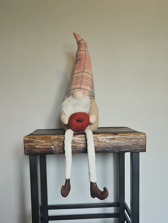 Plush Gnome Doll with Plaid Pink Hat and Red Pumpkin