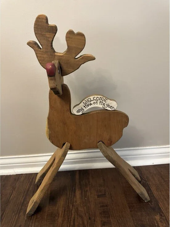 Vintage Wooden Reindeer Handmade With Sign Christmas Wood Puzzle With Extra Legs