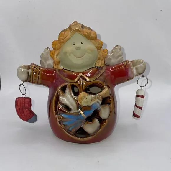 Ceramic Standing Holiday Angel Holding Stocking Candy Cane 4.75
