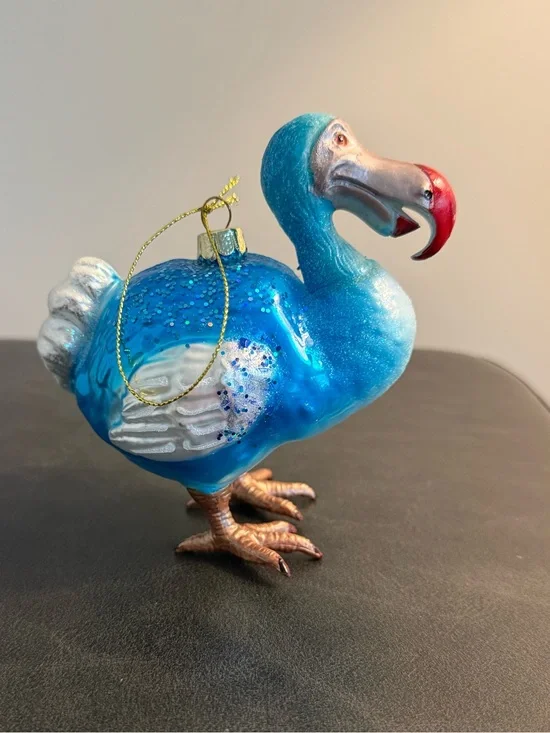 Blue Glass Dodo Bird Ornament with Red Beak